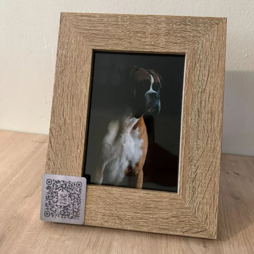 Photo of a dog picture on a frame with a qr code